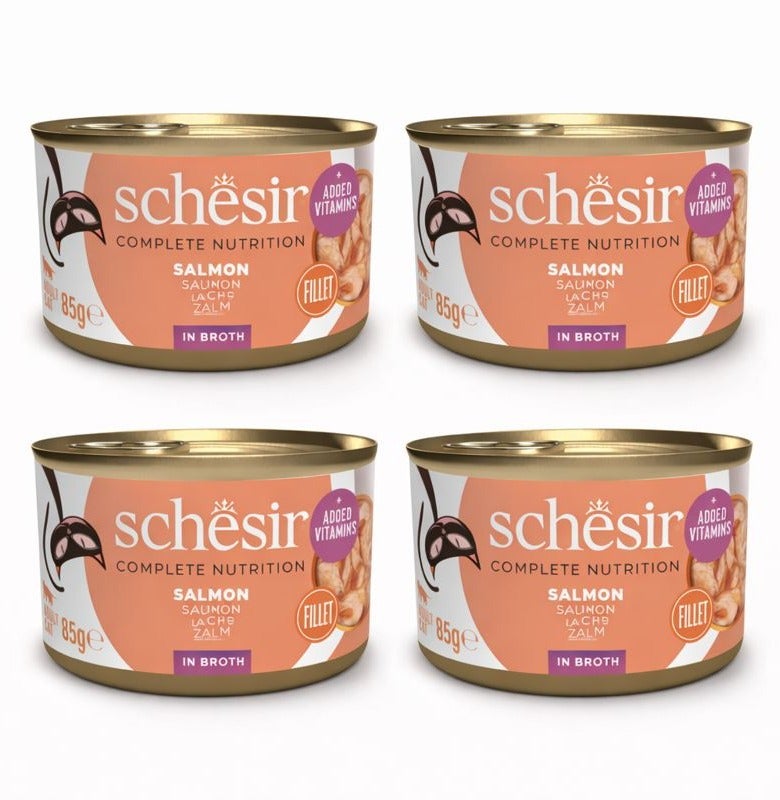 Schesir Complete Nutrition – Salmon Fillet in Broth – Complete & Balanced Wet Cat Food – Added Vitamins – 4 × 85 g - Image 1